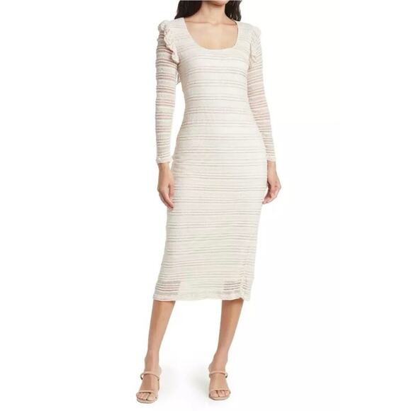 NWT dRA Los Angeles Open Knit Beige Crochet Ruffle Long Sleeve Midi Dress Sz S - Picture 1 of 10